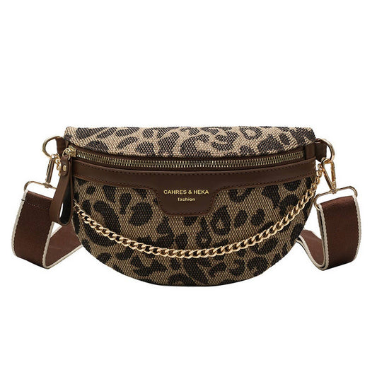 LEOPARD PRINT GOLD CHAIN BROWN STRAP FANNY BELT BAG