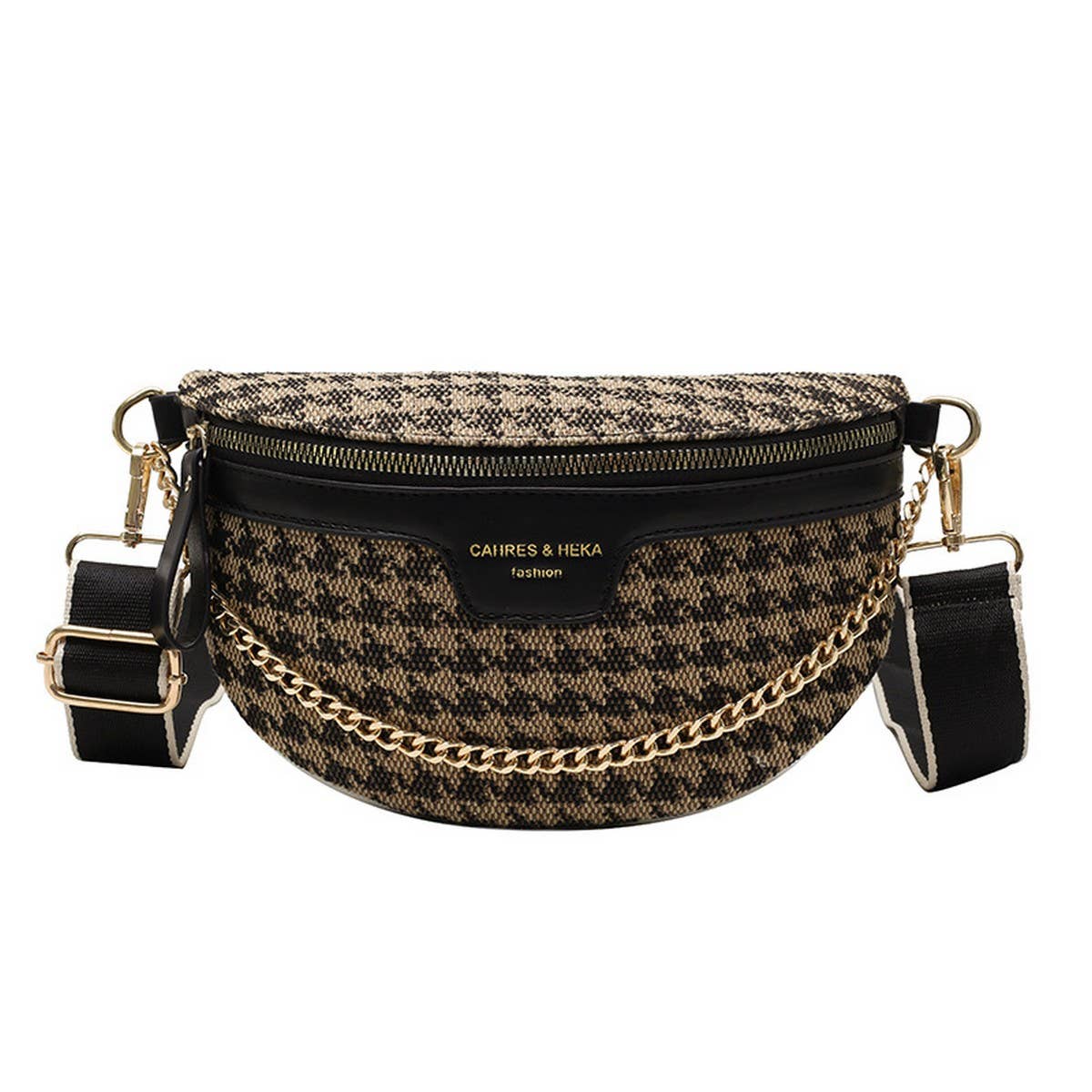 CHECKERED PRINT BLACK CHAIN STRAP FANNY BELT BAG