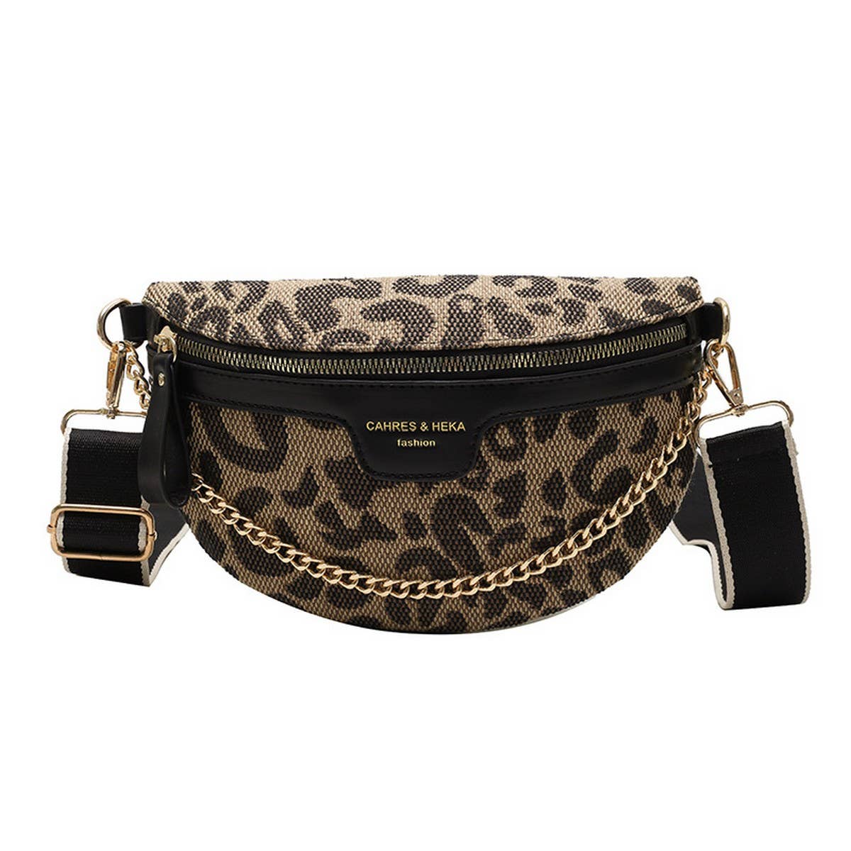 LEOPARD PRINT GOLD CHAIN BLACK STRAP FANNY BELT BAG